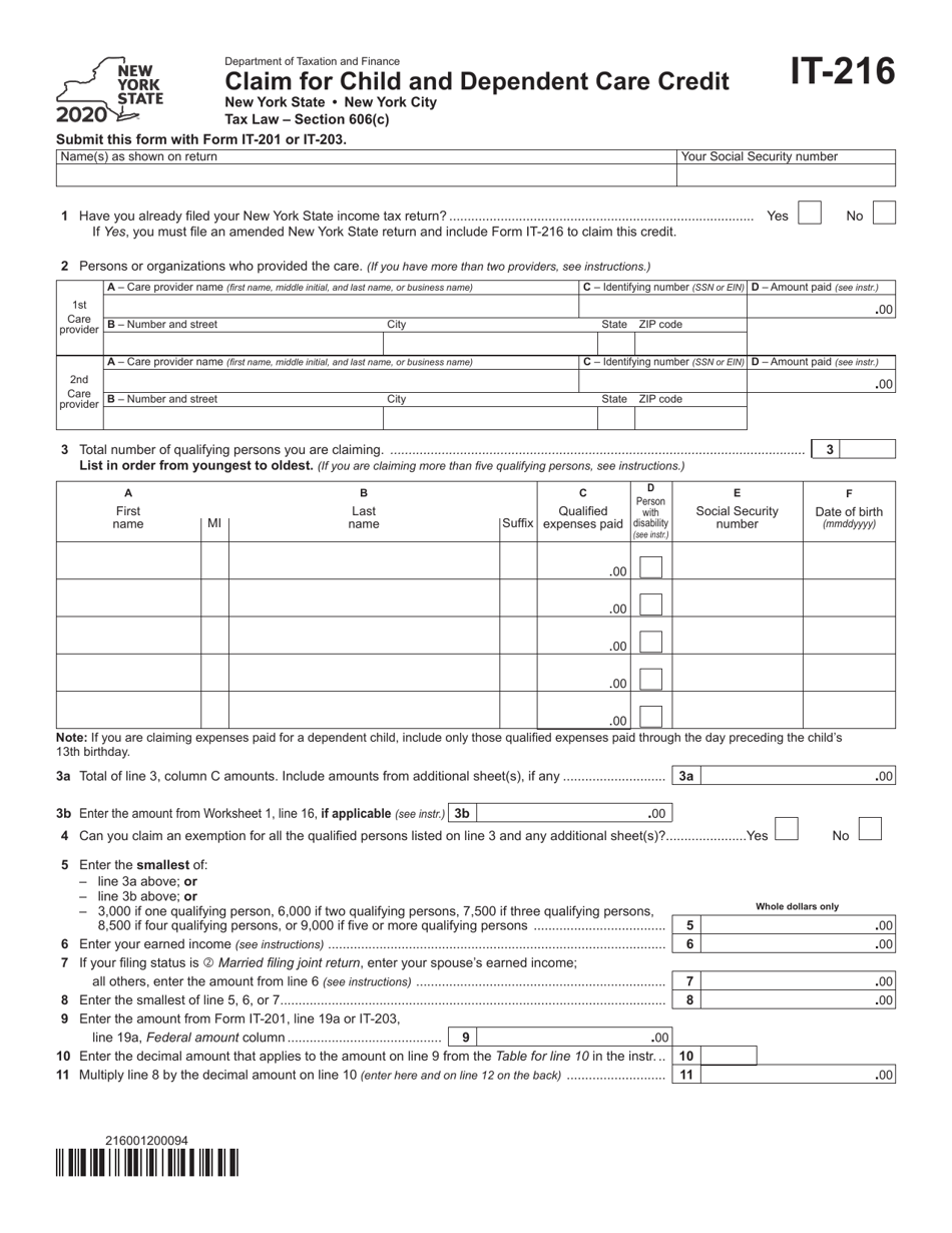 Form IT-216 Claim for Child and Dependent Care Credit - New York, Page 1