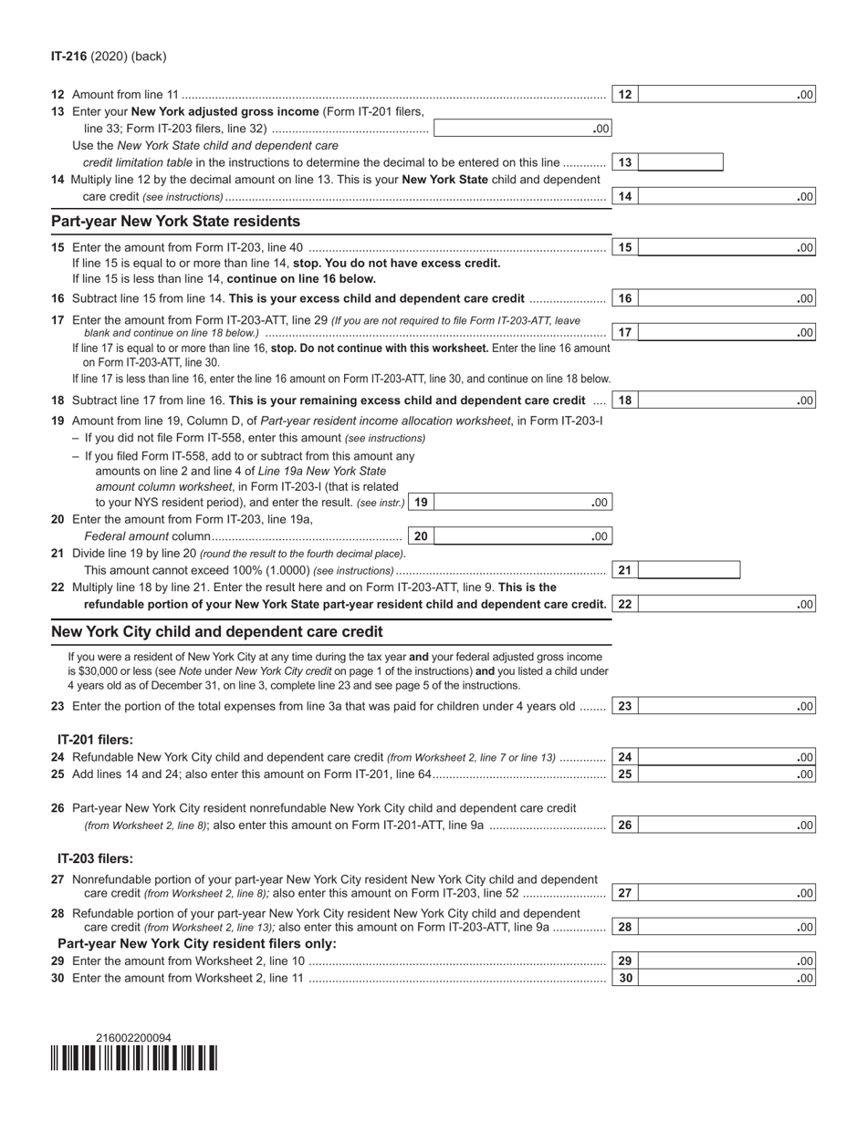 Form IT-216 Claim for Child and Dependent Care Credit - New York, Page 2