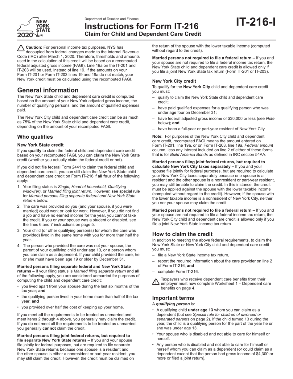 Instructions for Form IT-216 Claim for Child and Dependent Care Credit - New York, Page 1