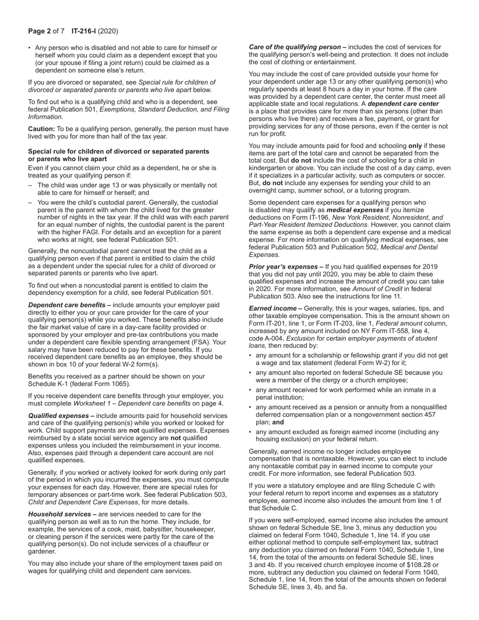 Instructions for Form IT-216 Claim for Child and Dependent Care Credit - New York, Page 2