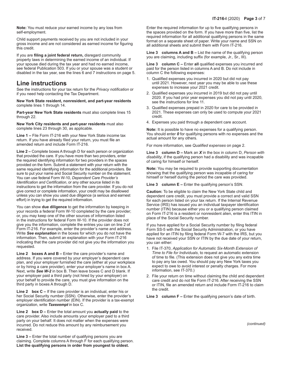 Instructions for Form IT-216 Claim for Child and Dependent Care Credit - New York, Page 3