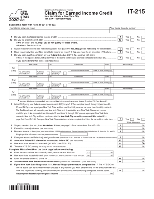 Form IT-215 2020 Printable Pdf