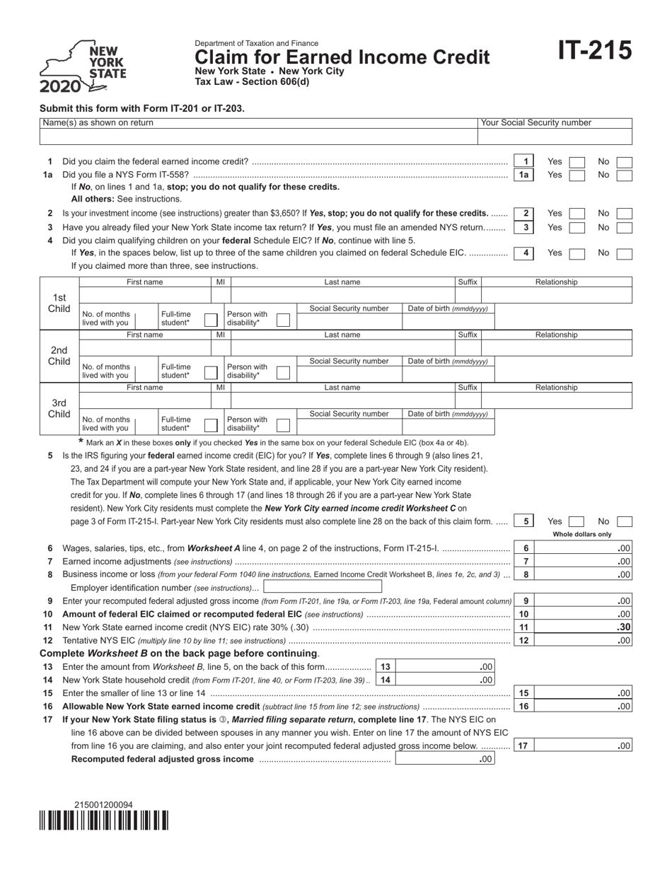 Form IT-215 Claim for Earned Income Credit - New York, Page 1