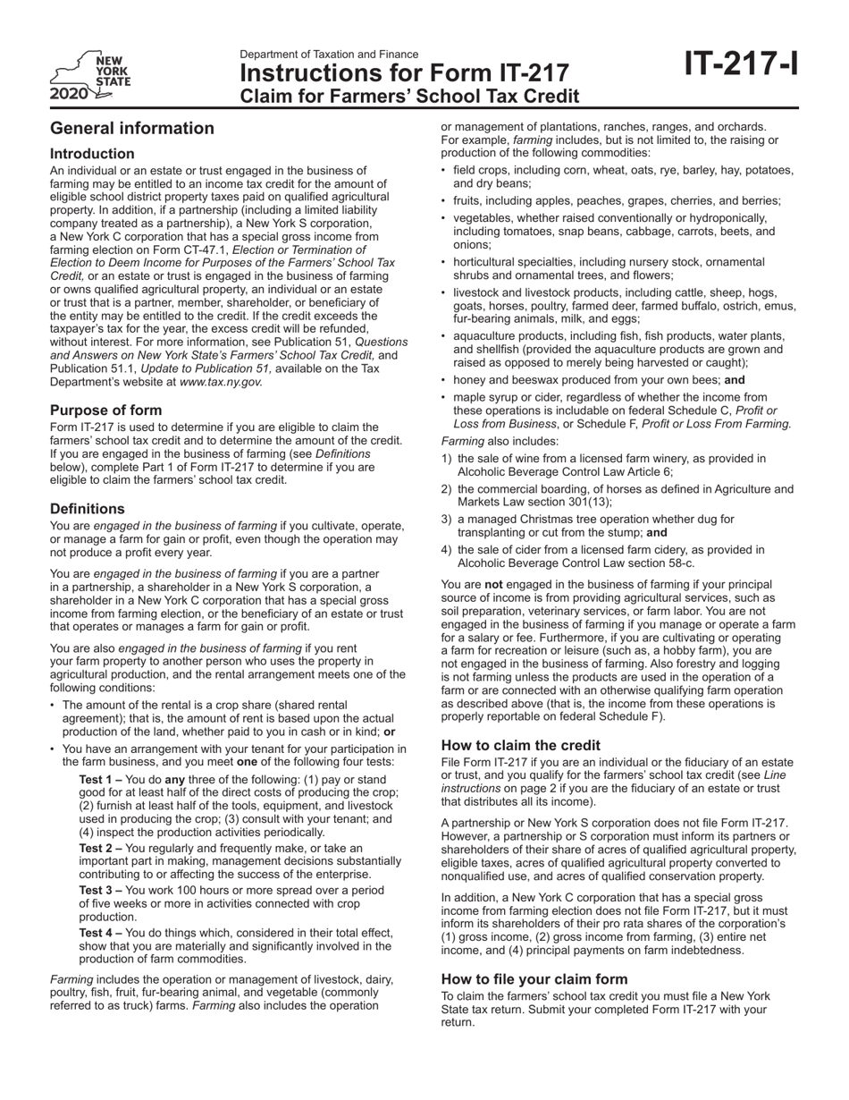 Instructions for Form IT-217 Claim for Farmers School Tax Credit - New York, Page 1