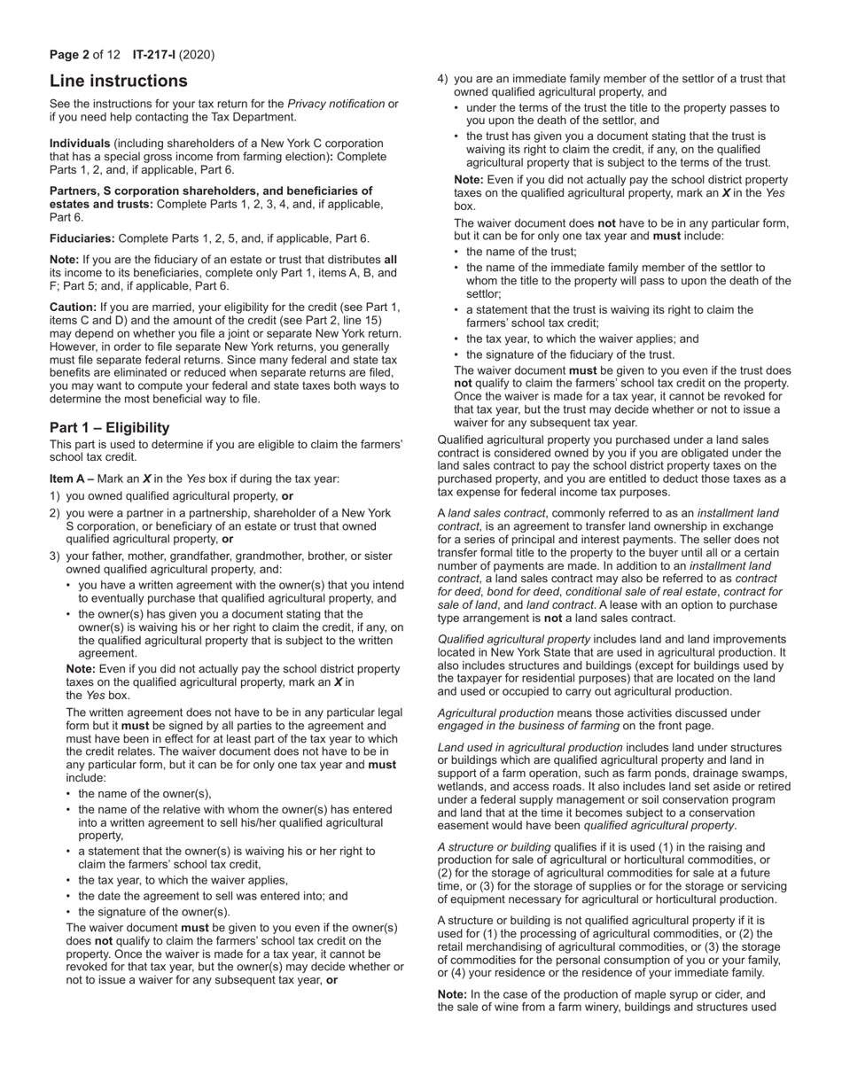Instructions for Form IT-217 Claim for Farmers School Tax Credit - New York, Page 2