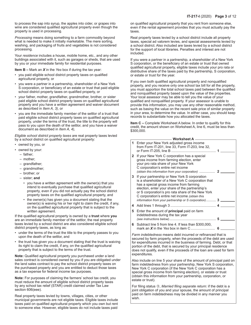 Instructions for Form IT-217 Claim for Farmers School Tax Credit - New York, Page 3