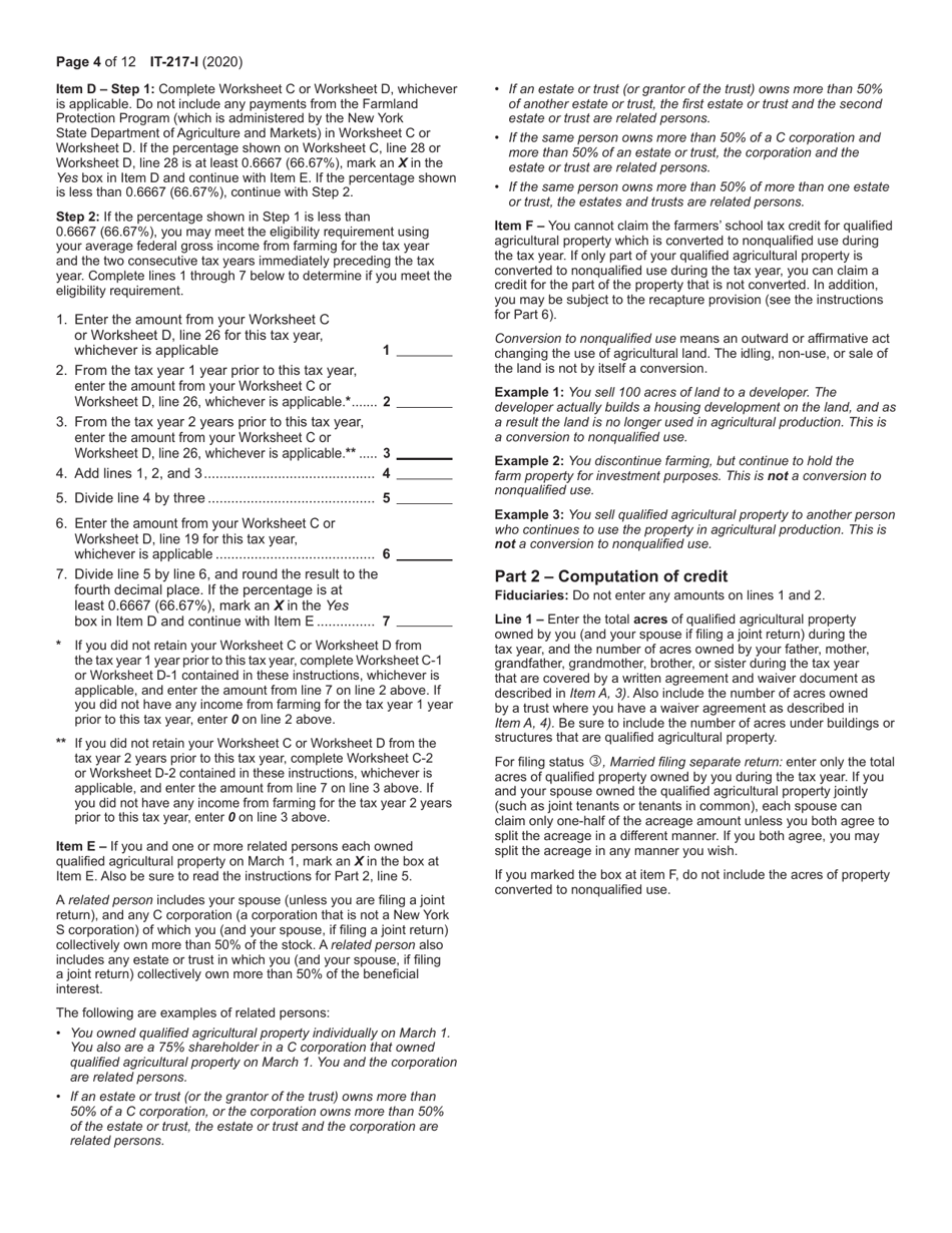 Instructions for Form IT-217 Claim for Farmers School Tax Credit - New York, Page 4