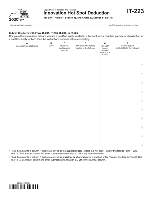 Form IT-223 2020 Printable Pdf