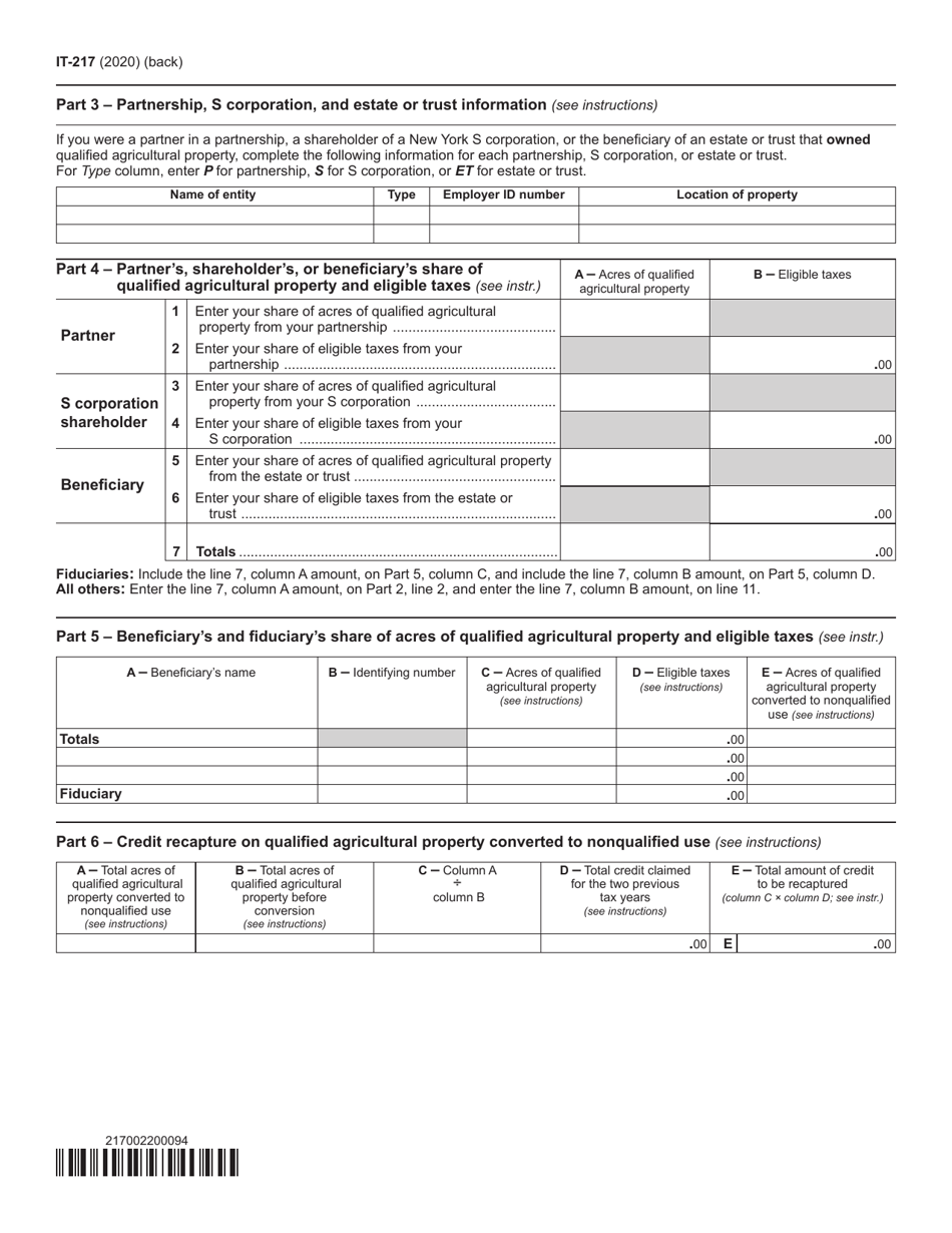 Form IT-217 Claim for Farmers School Tax Credit - New York, Page 2