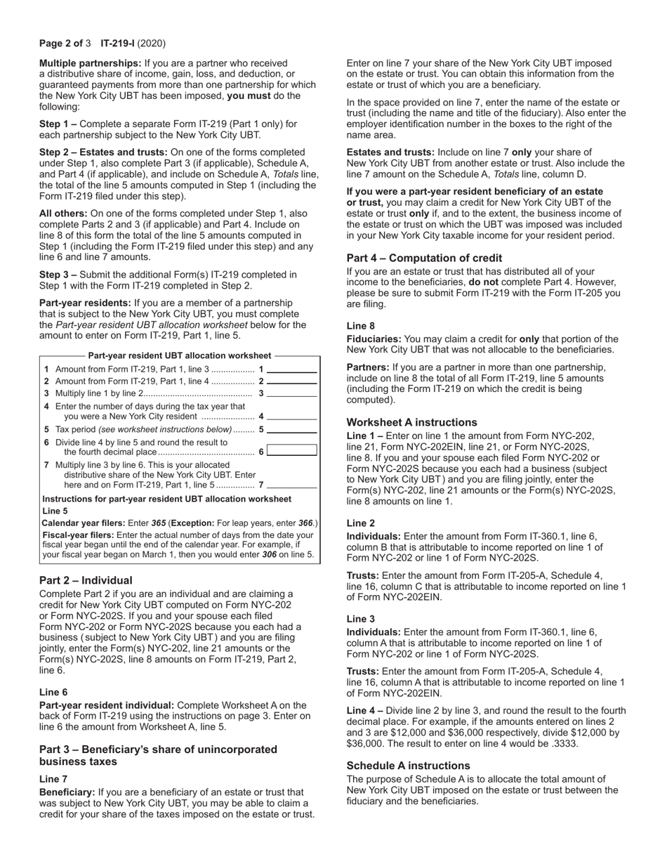 Instructions for Form IT-219 Credit for New York City Unincorporated Business Tax - New York, Page 2