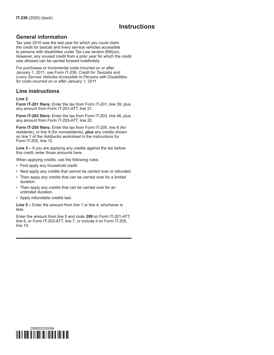 Form IT-239 Claim for Credit for Taxicabs and Livery Service Vehicles Accessible to Persons With Disabilities - New York, Page 2