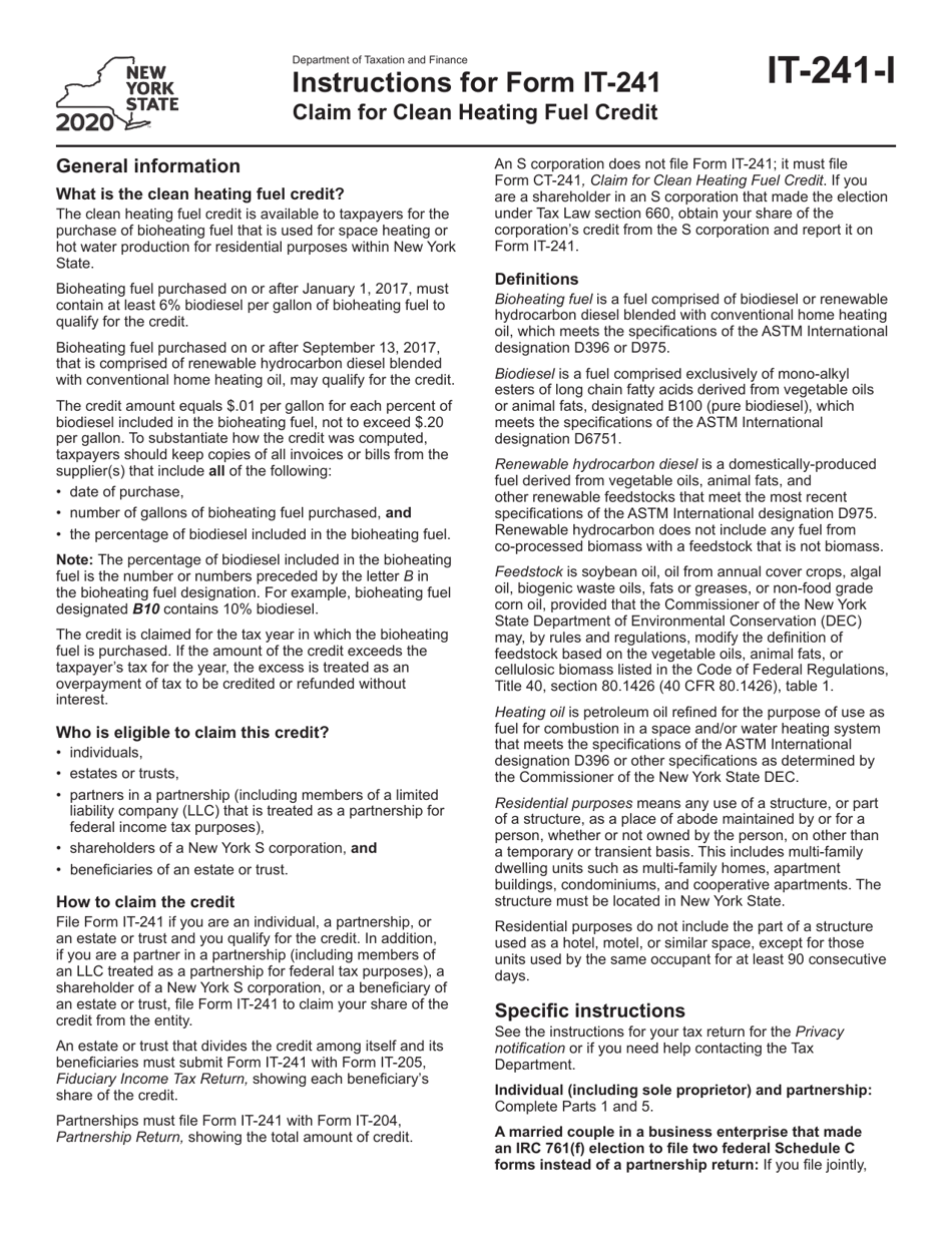 Instructions for Form IT-241 Claim for Clean Heating Fuel Credit - New York, Page 1