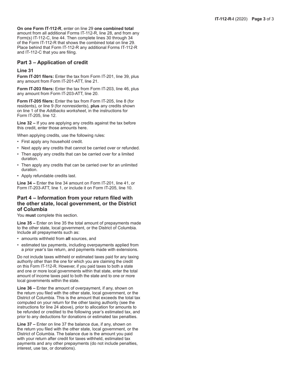 Instructions for Form IT-112-R New York State Resident Credit - New York, Page 3