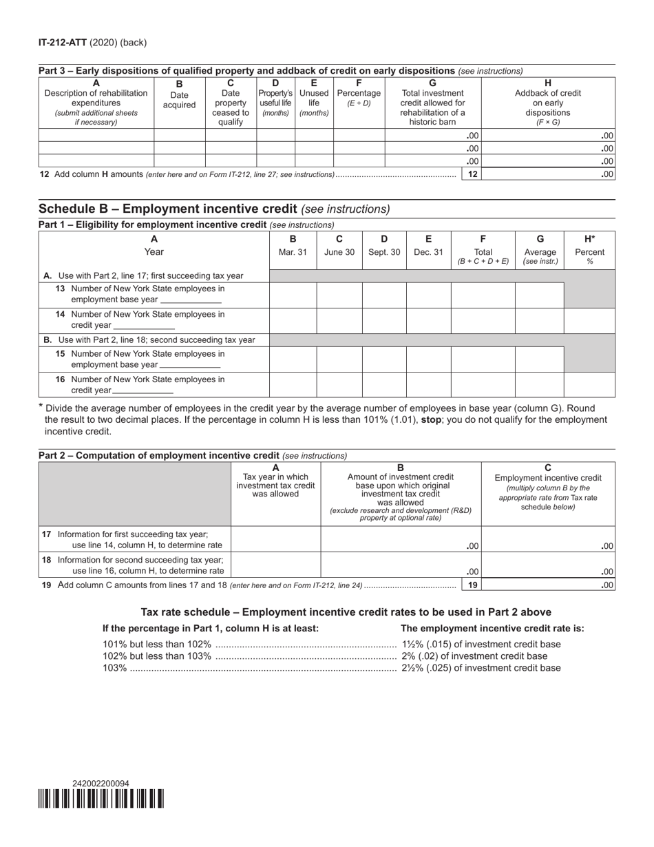 Form IT-212-ATT Claim for Historic Barn Rehabilitation Credit and Employment Incentive Credit - New York, Page 2