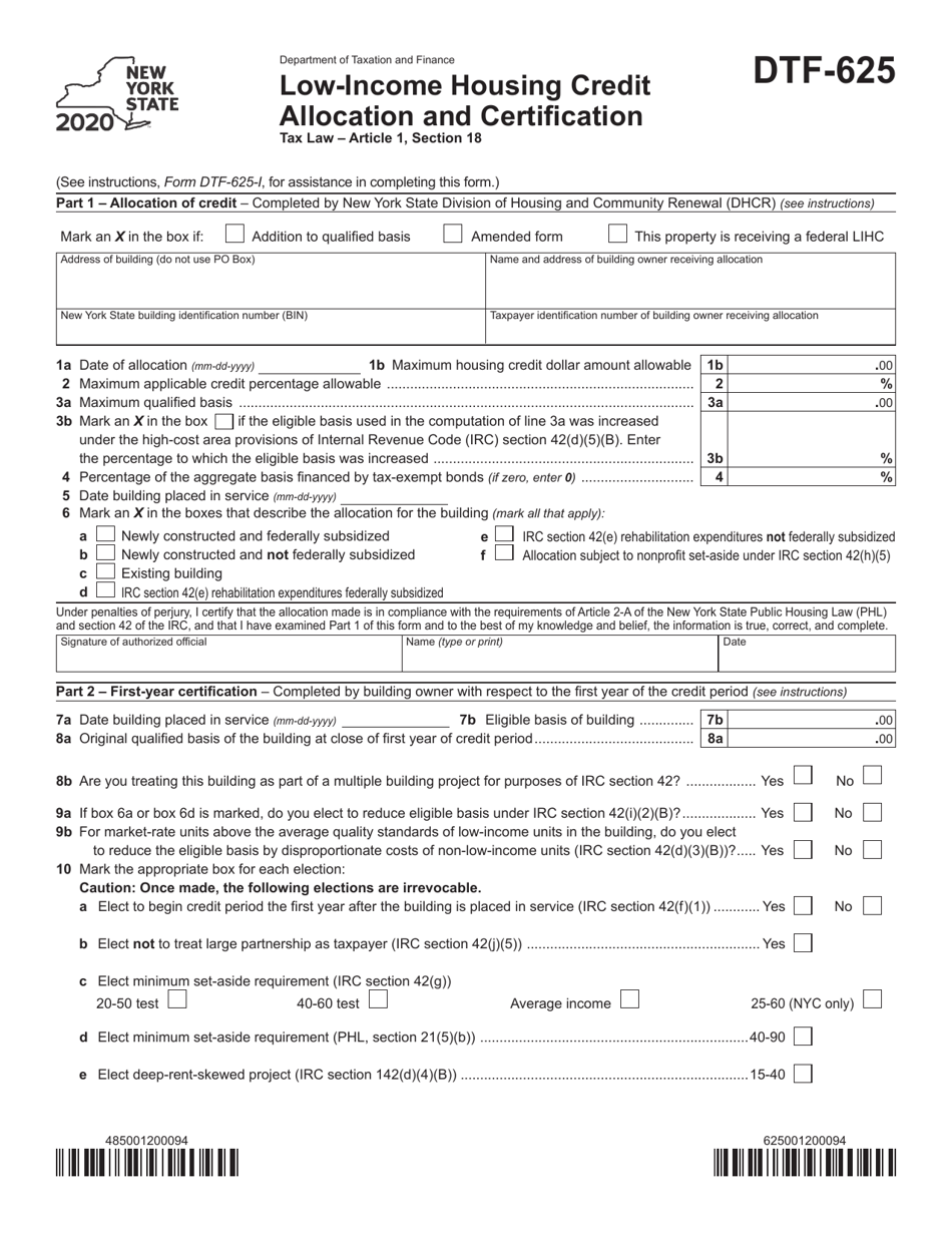 Form DTF-625 Low-Income Housing Credit Allocation and Certification - New York, Page 1