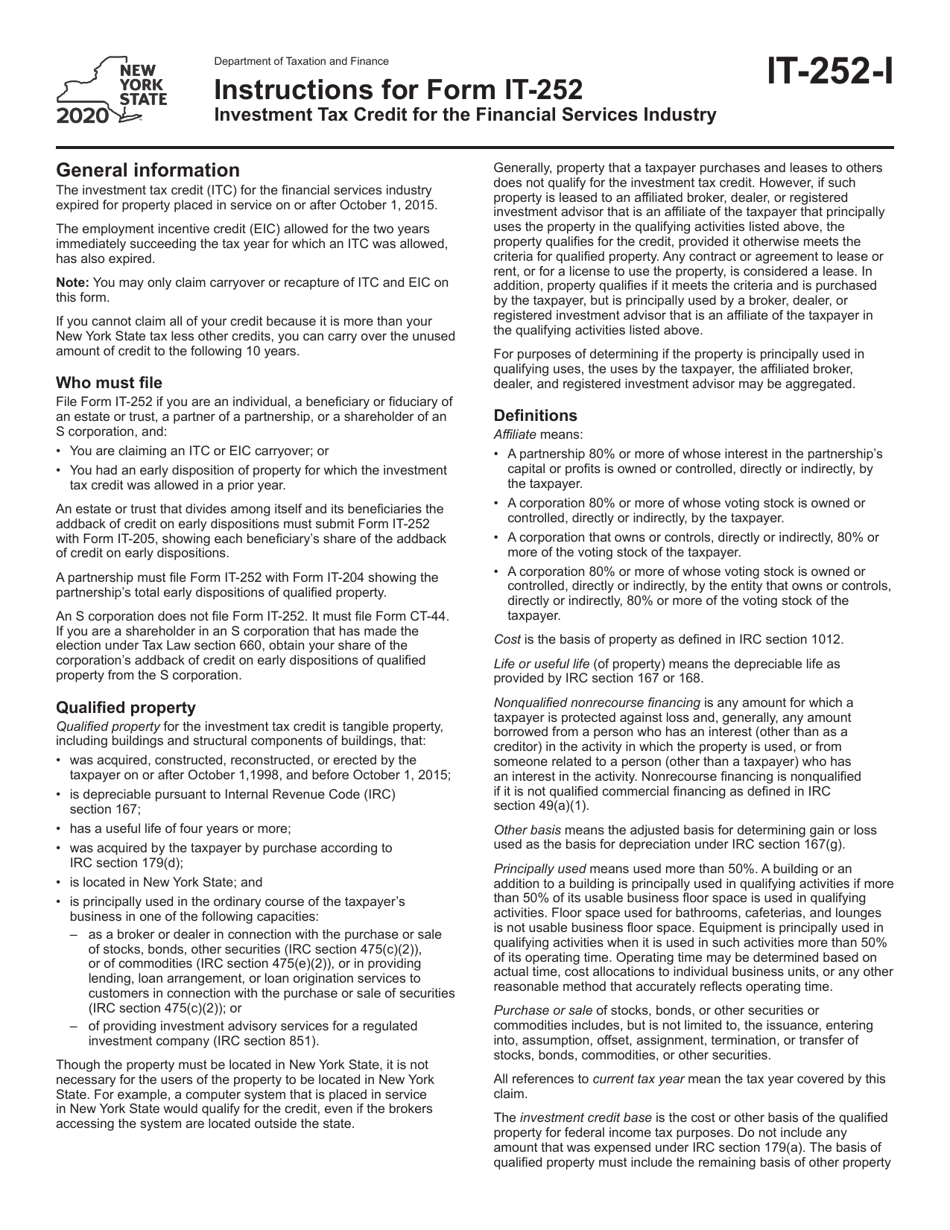Download Instructions For Form It 252 Investment Tax Credit For The Financial Services Industry Pdf 2020 Templateroller