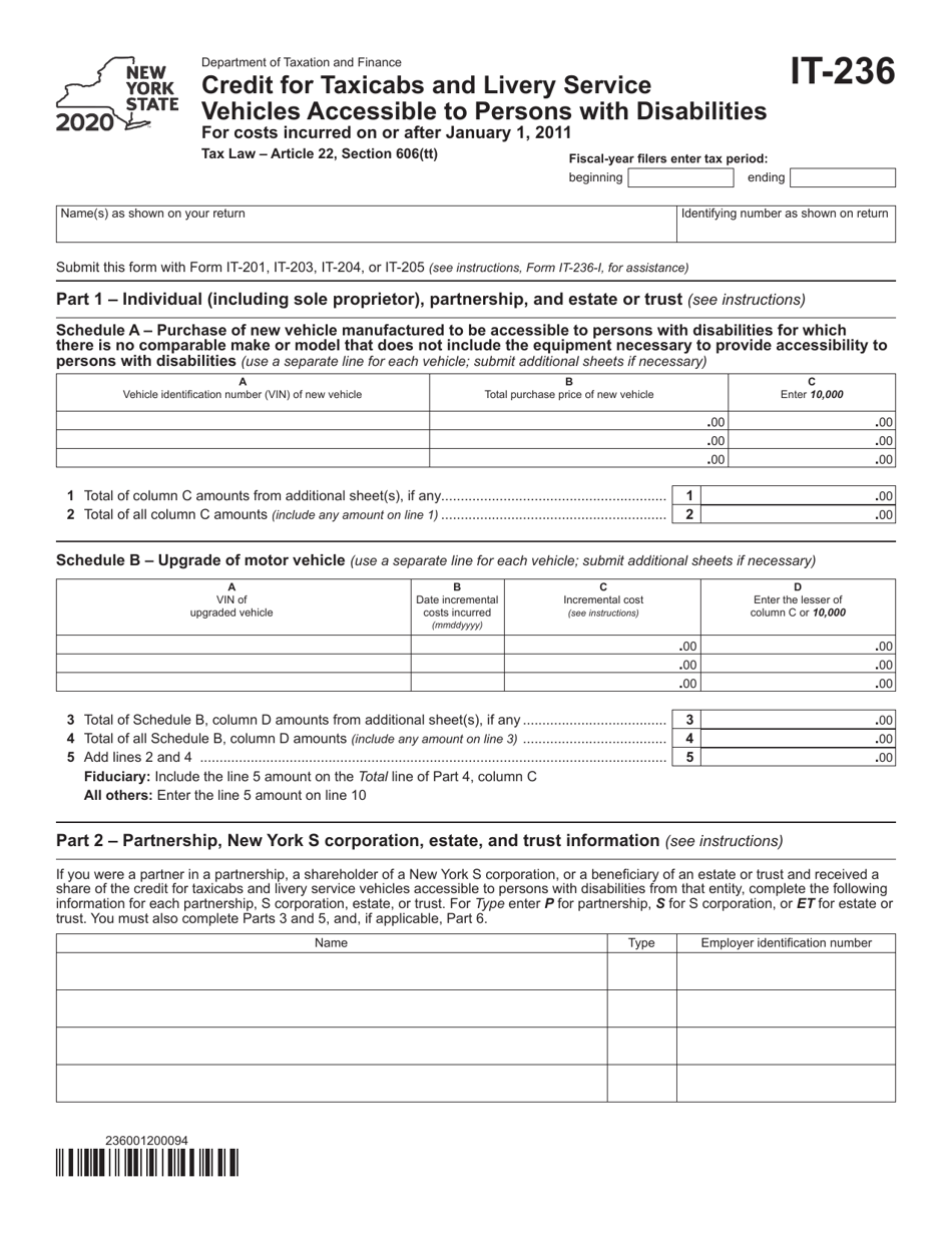Form IT-236 Credit for Taxicabs and Livery Service Vehicles Accessible to Persons With Disabilities - New York, Page 1