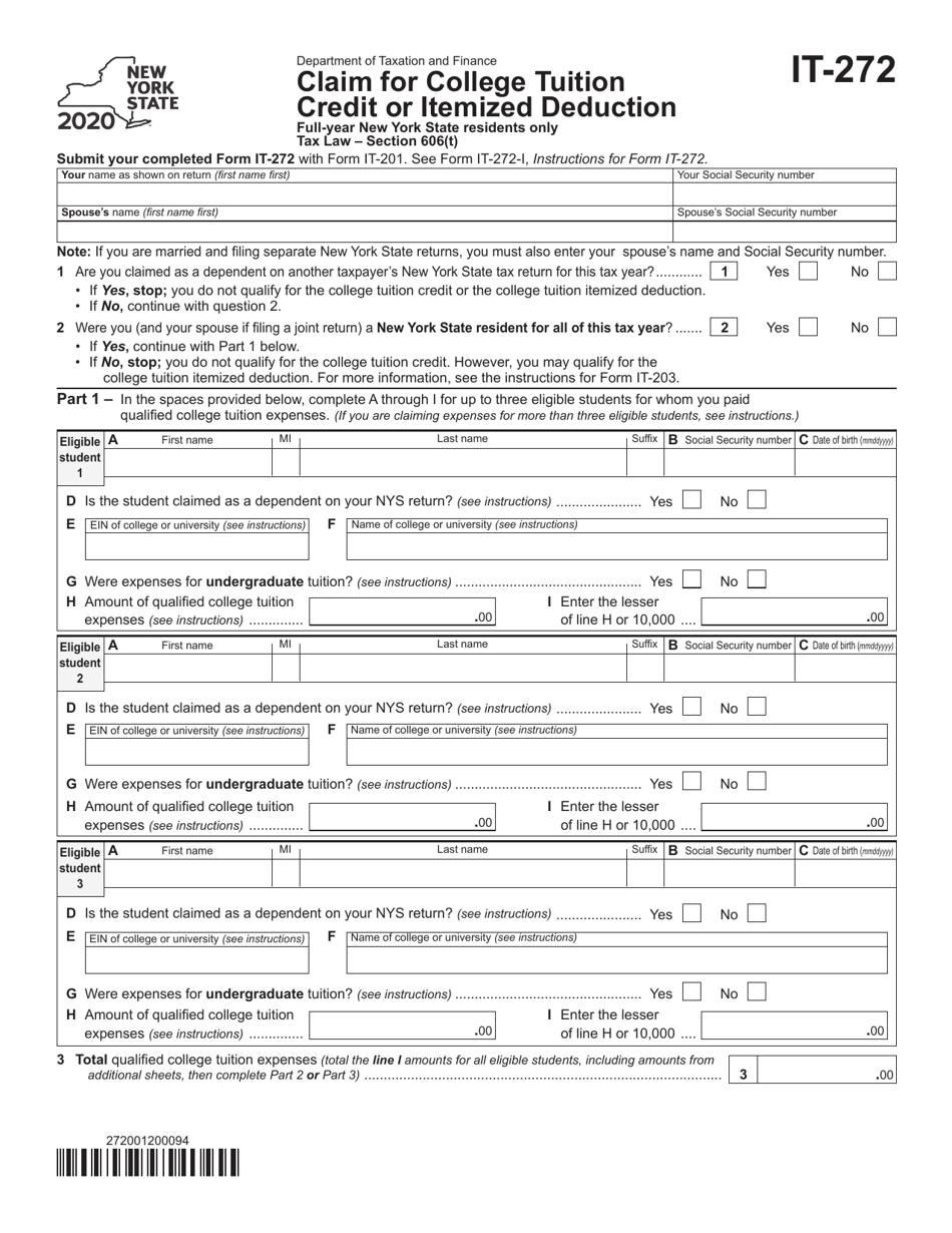 Form IT-272 Claim for College Tuition Credit or Itemized Deduction - New York, Page 1