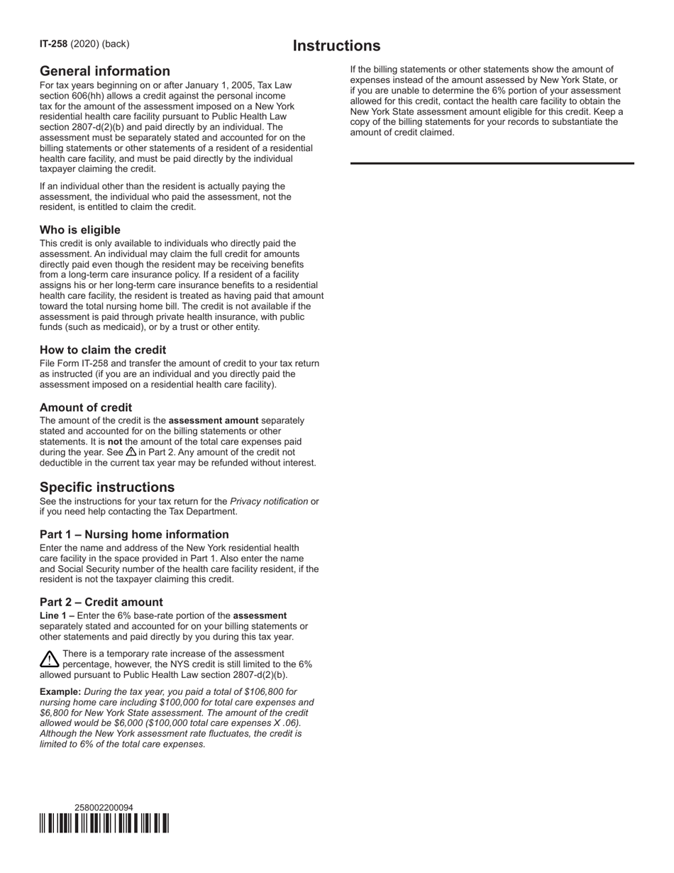 Form IT-258 Claim for Nursing Home Assessment Credit - New York, Page 2