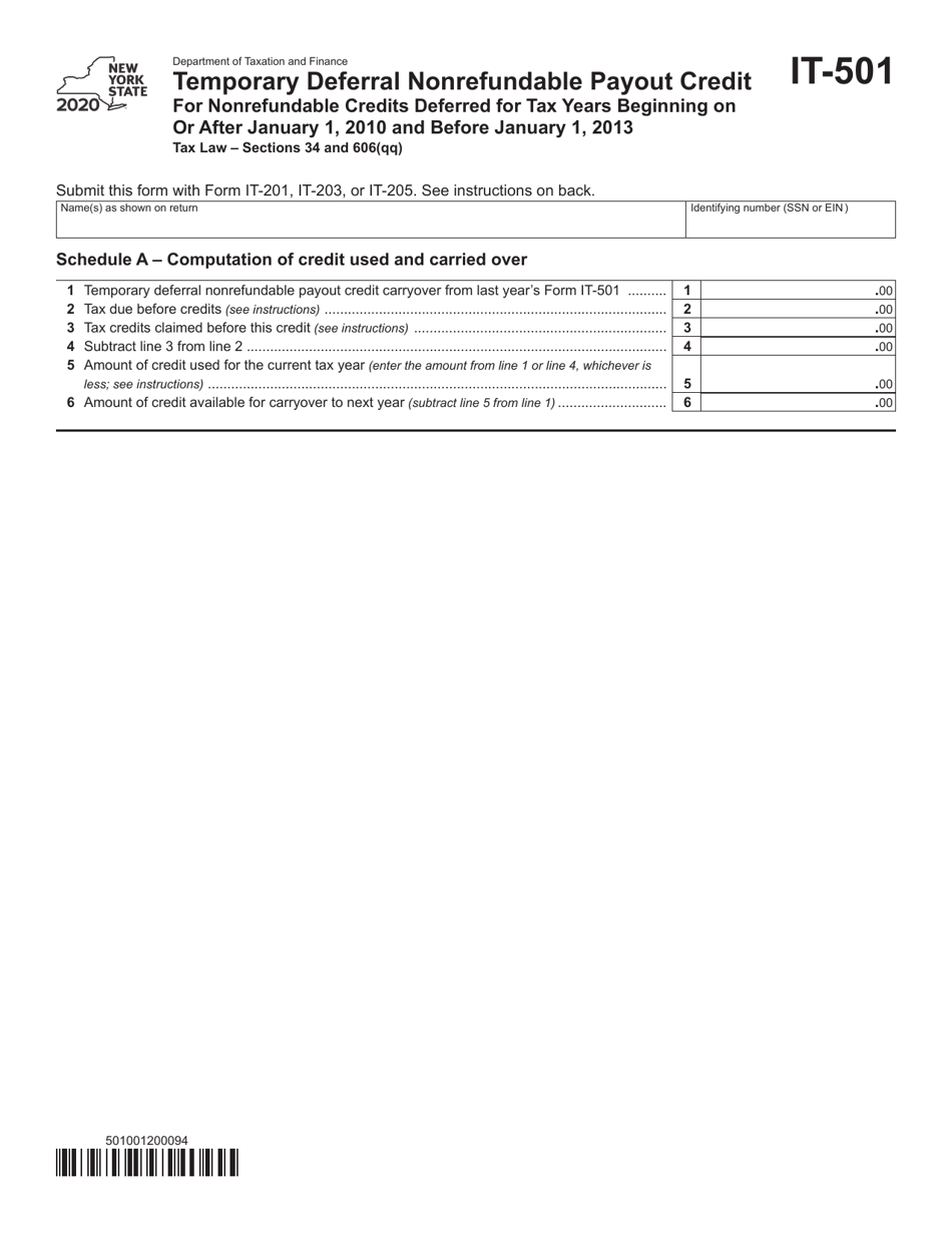 Form IT-501 Temporary Deferral Nonrefundable Payout Credit - New York, Page 1