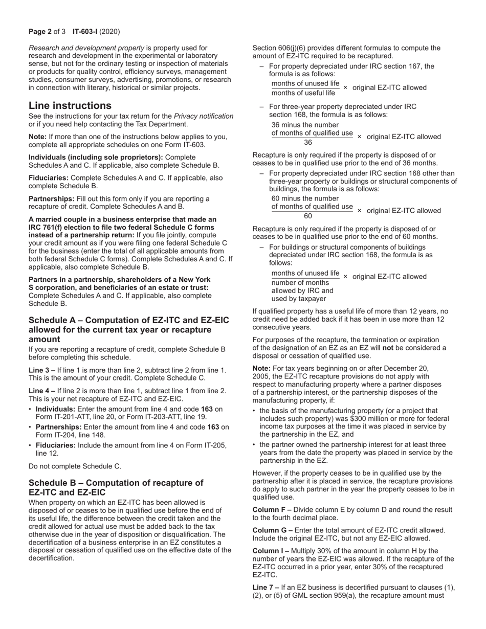 Instructions for Form IT-603 Claim for Ez Investment Tax Credit and Ez Employment Incentive Credit - New York, Page 2