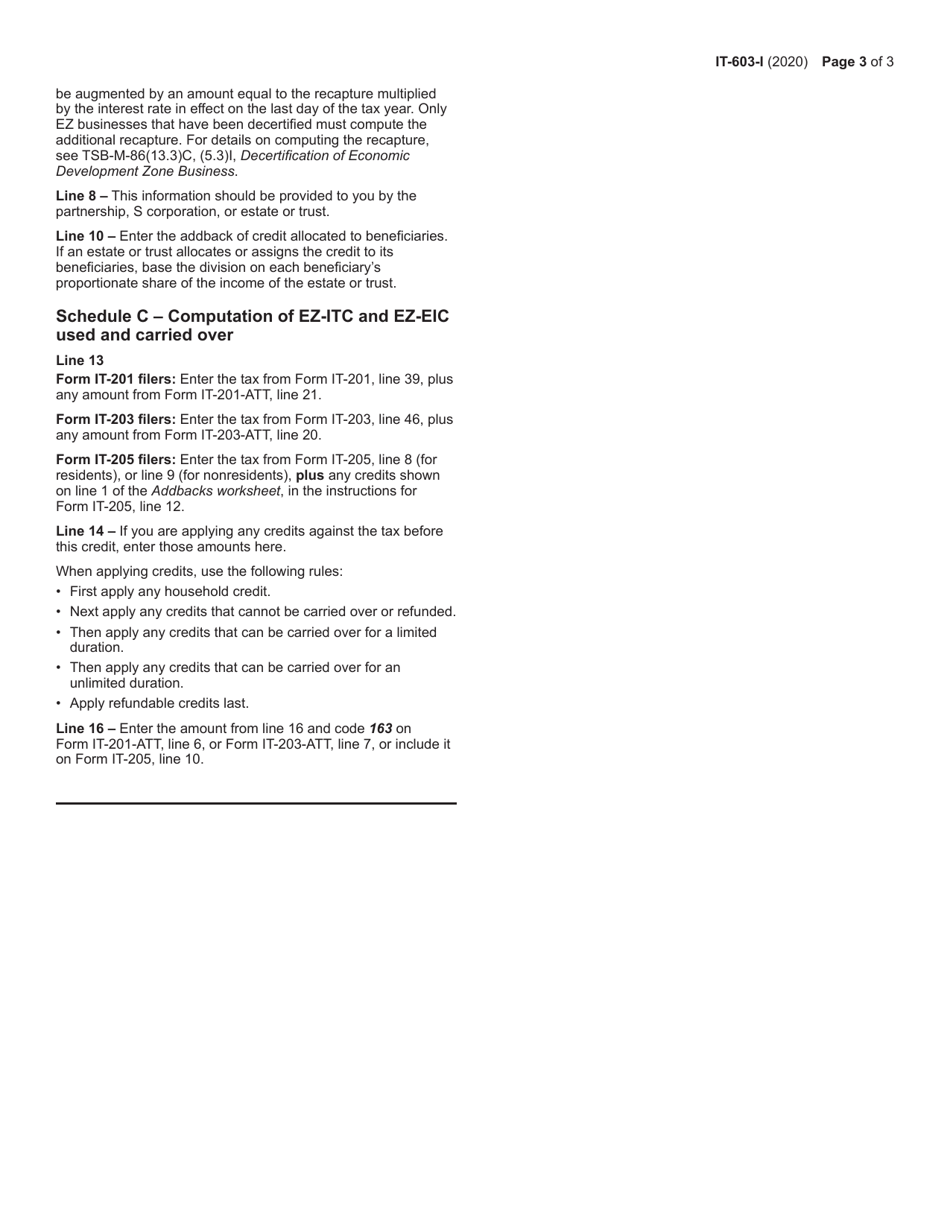 Instructions for Form IT-603 Claim for Ez Investment Tax Credit and Ez Employment Incentive Credit - New York, Page 3