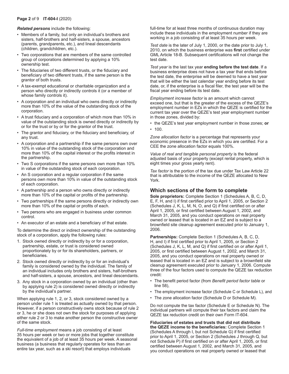 Instructions for Form IT-604 Claim for Qeze Tax Reduction Credit - New York, Page 2