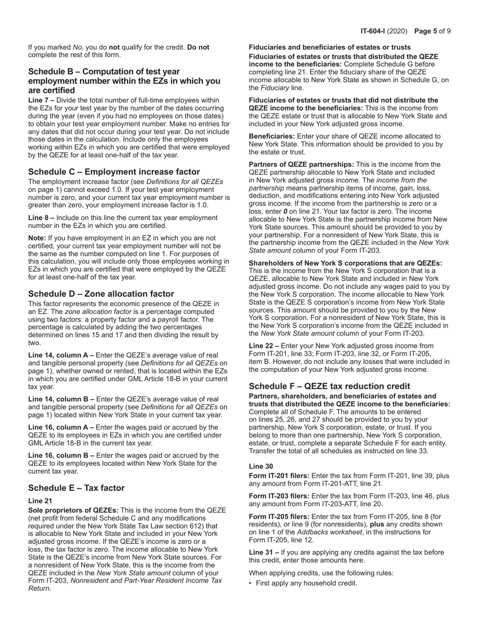 Instructions for Form IT-604 Claim for Qeze Tax Reduction Credit - New York, Page 5