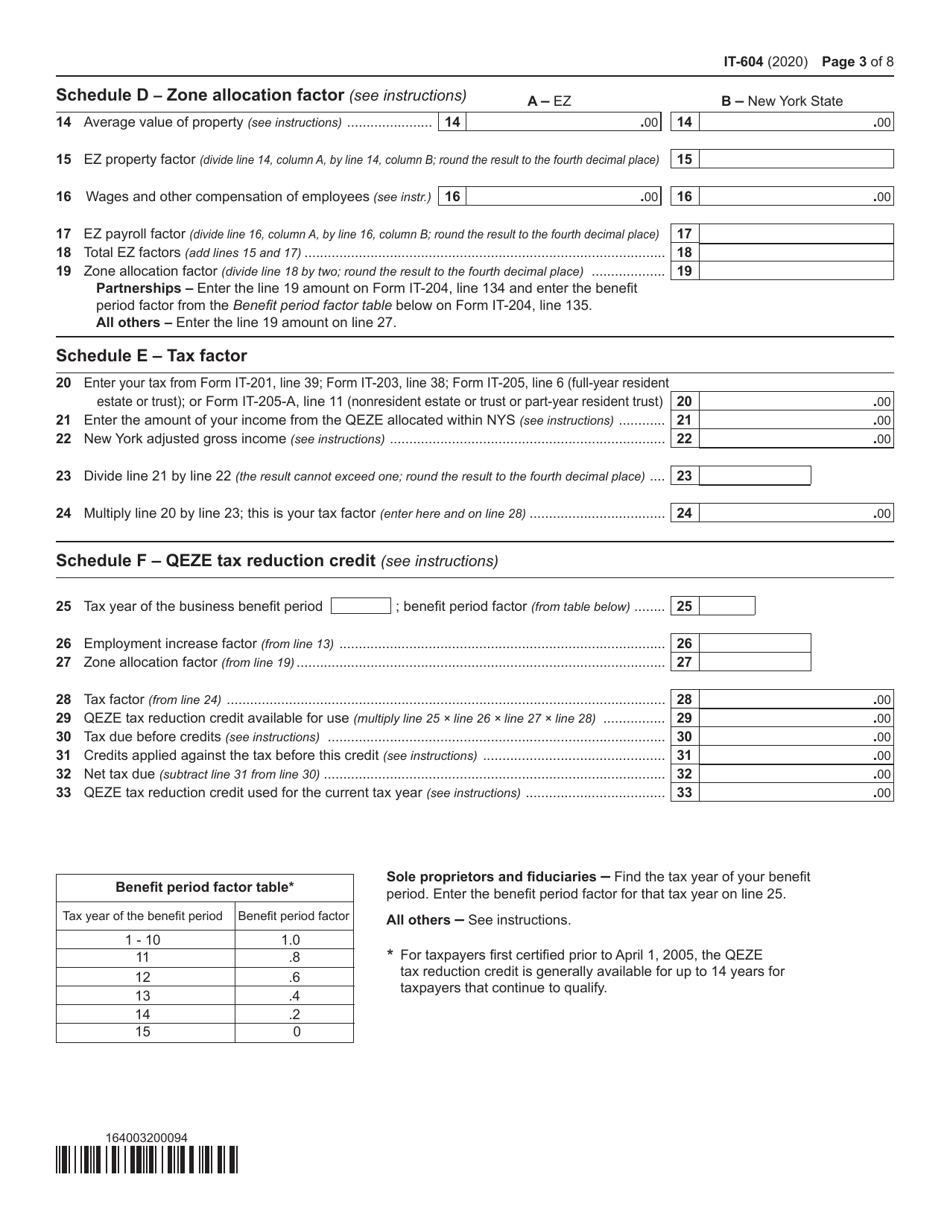Form IT-604 Claim for Qeze Tax Reduction Credit - New York, Page 3