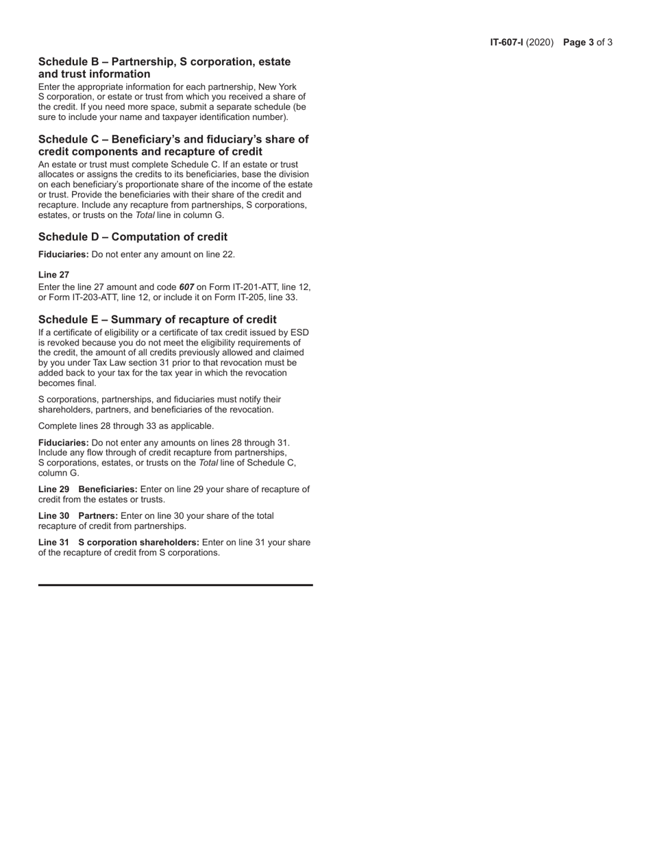 Instructions for Form IT-607 Claim for Excelsior Jobs Program Tax Credit - New York, Page 3