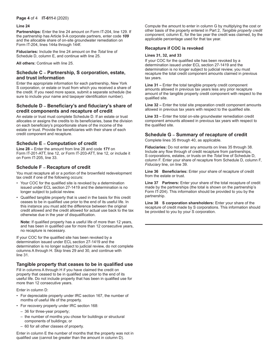 Instructions for Form IT-611 Claim for Brownfield Redevelopment Tax Credit for Qualified Sites Accepted Into the Brownfield Cleanup Program Prior to June 23, 2008 - New York, Page 4