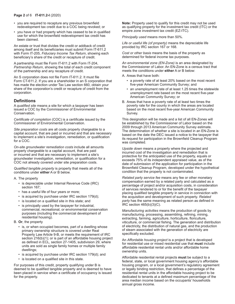 Instructions for Form IT-611.2 Claim for Brownfield Redevelopment Tax Credit for Qualified Sites Accepted Into the Brownfield Cleanup Program on or After July 1, 2015 - New York, Page 2