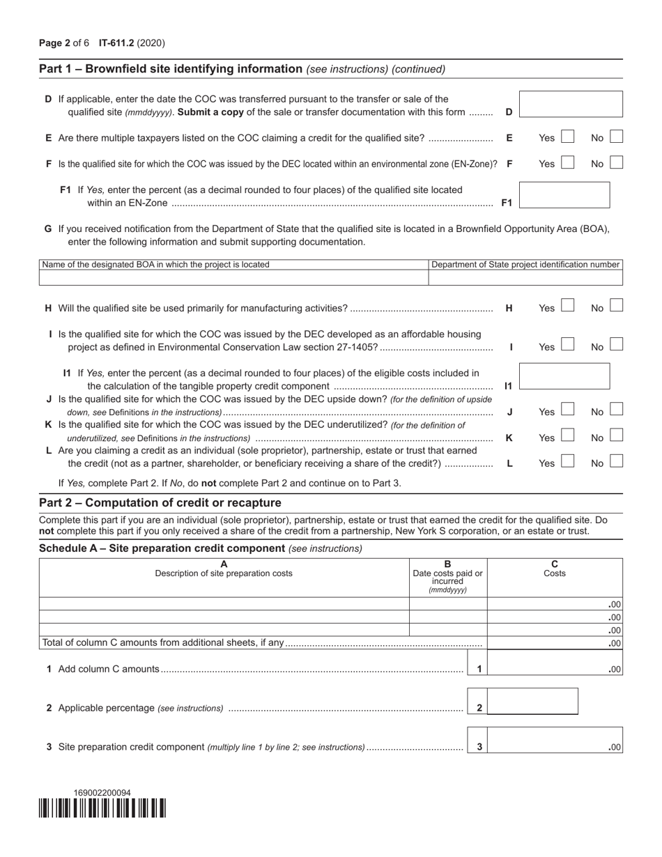Form IT-611.2 Claim for Brownfield Redevelopment Tax Credit for Qualified Sites Accepted Into the Brownfield Cleanup Program on or After July 1, 2015 - New York, Page 2