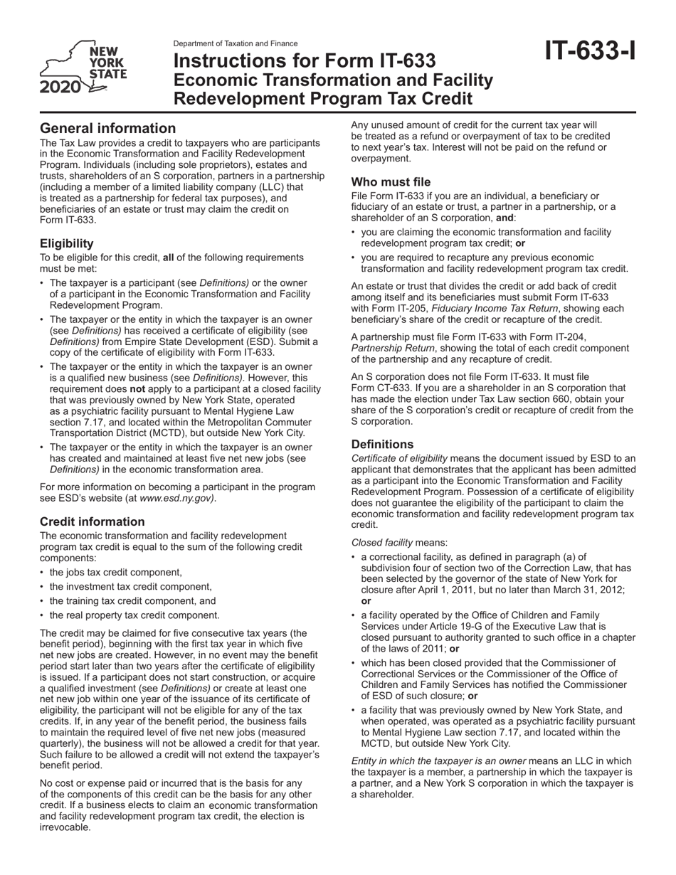 Instructions for Form IT-633 Economic Transformation and Facility Redevelopment Program Tax Credit - New York, Page 1