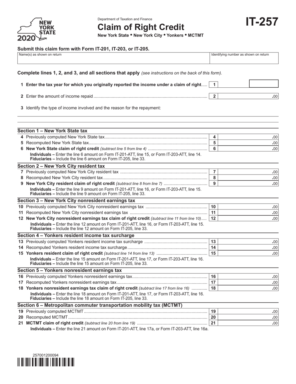 Form IT-257 Claim of Right Credit - New York, Page 1