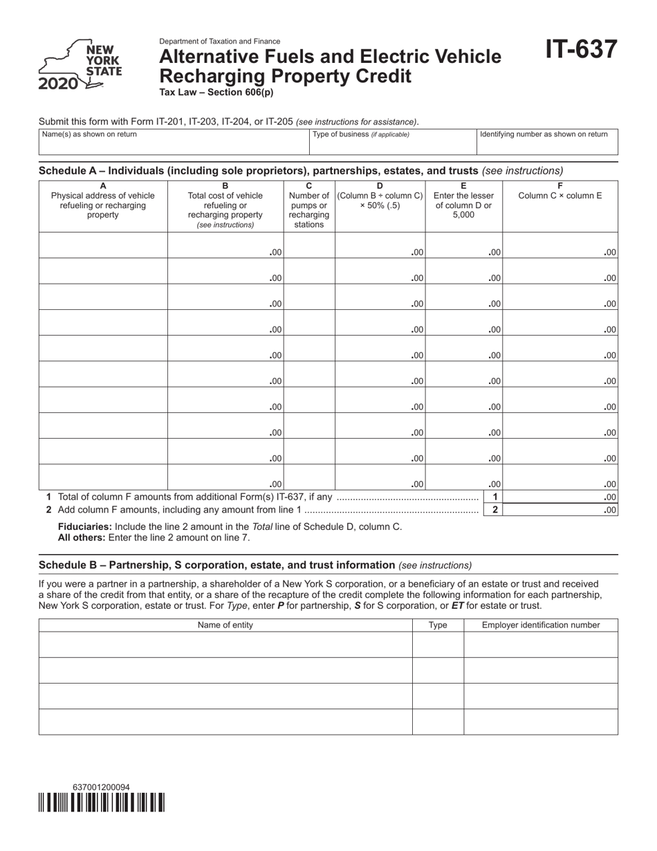 Form IT-637 Alternative Fuels and Electric Vehicle Recharging Property Credit - New York, Page 1