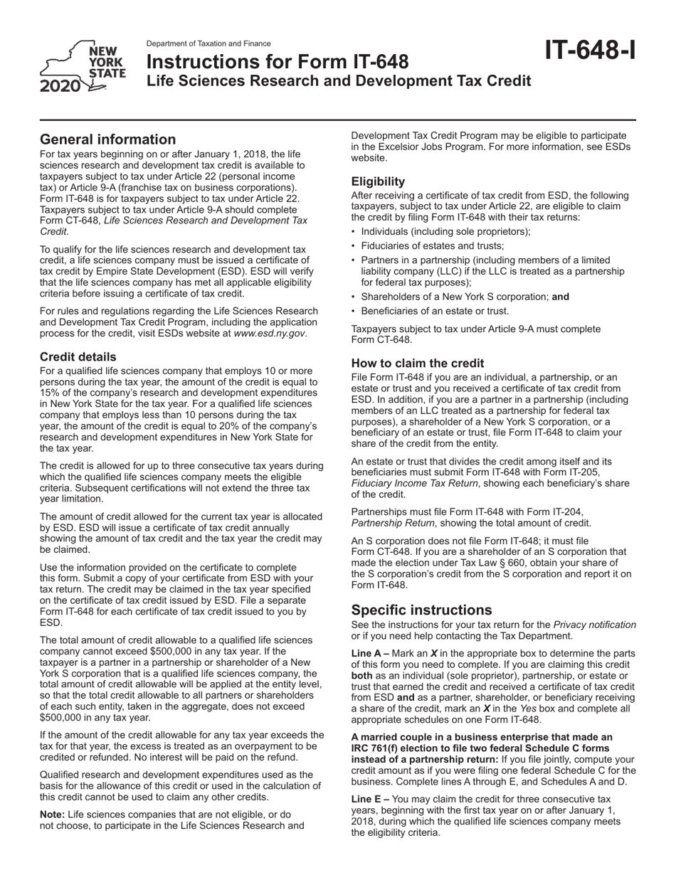 Instructions for Form IT-648 Life Sciences Research and Development Tax Credit - New York, Page 1