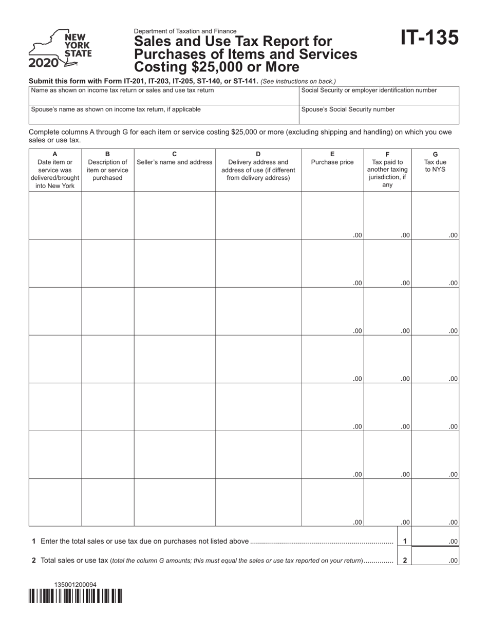 Form IT-135 Sales and Use Tax Report for Purchases of Items and Services Costing $25,000 or More - New York, Page 1