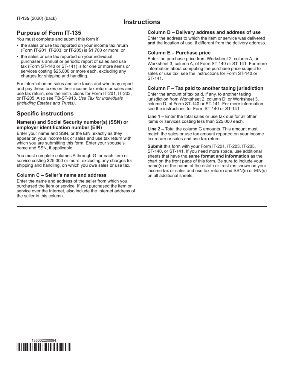 Form IT-135 Sales and Use Tax Report for Purchases of Items and Services Costing $25,000 or More - New York, Page 2