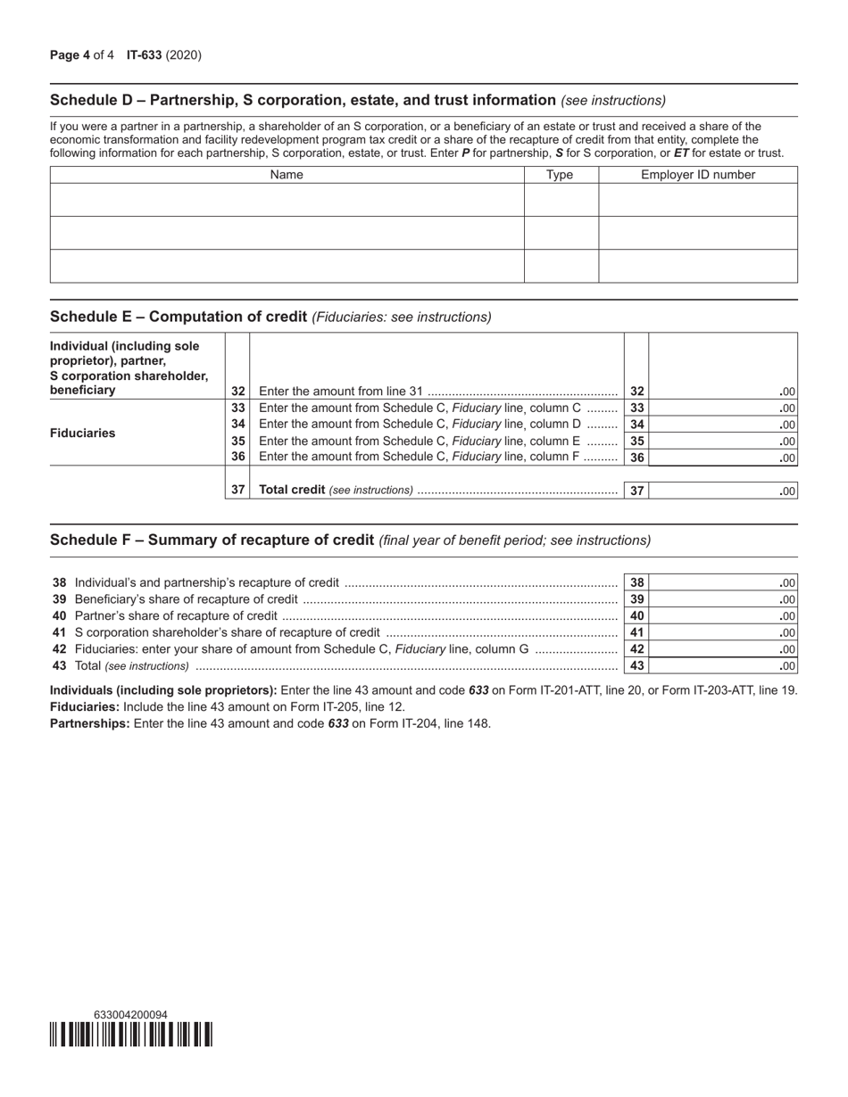 Form IT-633 Economic Transformation and Facility Redevelopment Program Tax Credit - New York, Page 4