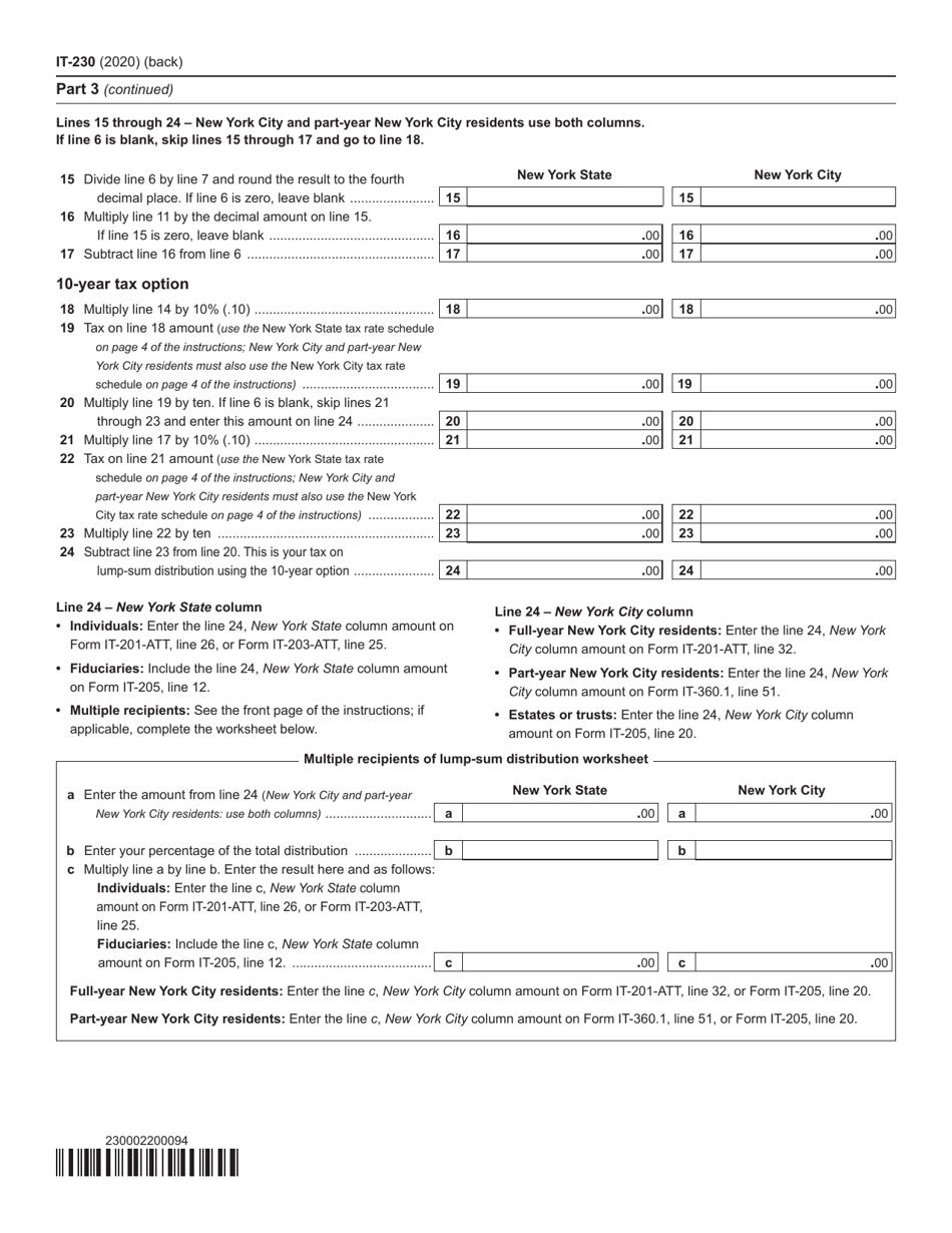 Form IT-230 Separate Tax on Lump-Sum Distributions - New York, Page 2