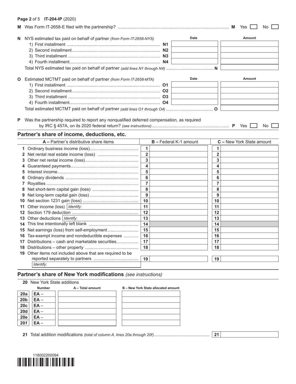 Form IT-204-IP New York Partners Schedule K-1 - New York, Page 2