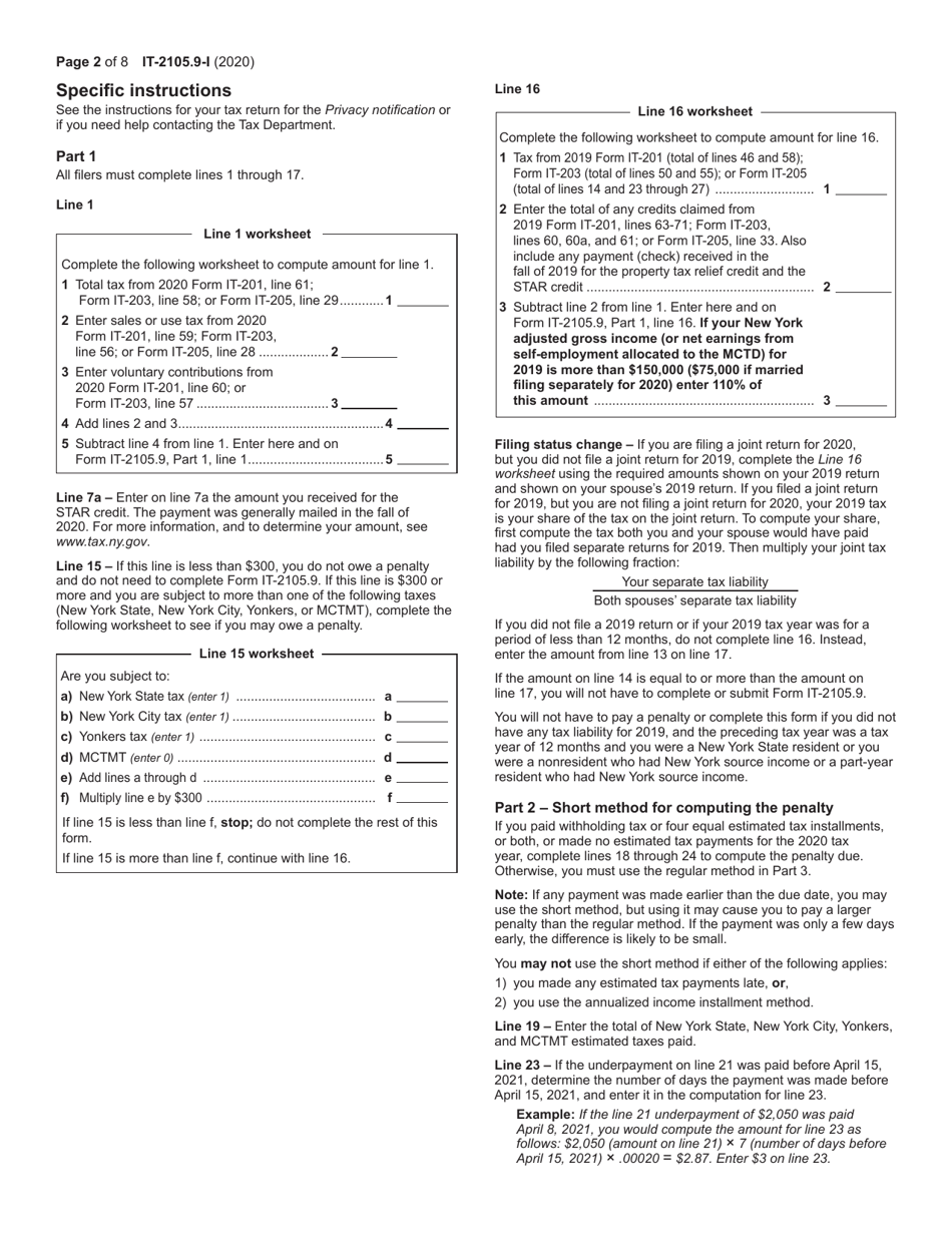 Instructions for Form IT-2105.9 Underpayment of Estimated Tax by Individuals and Fiduciaries - New York, Page 2
