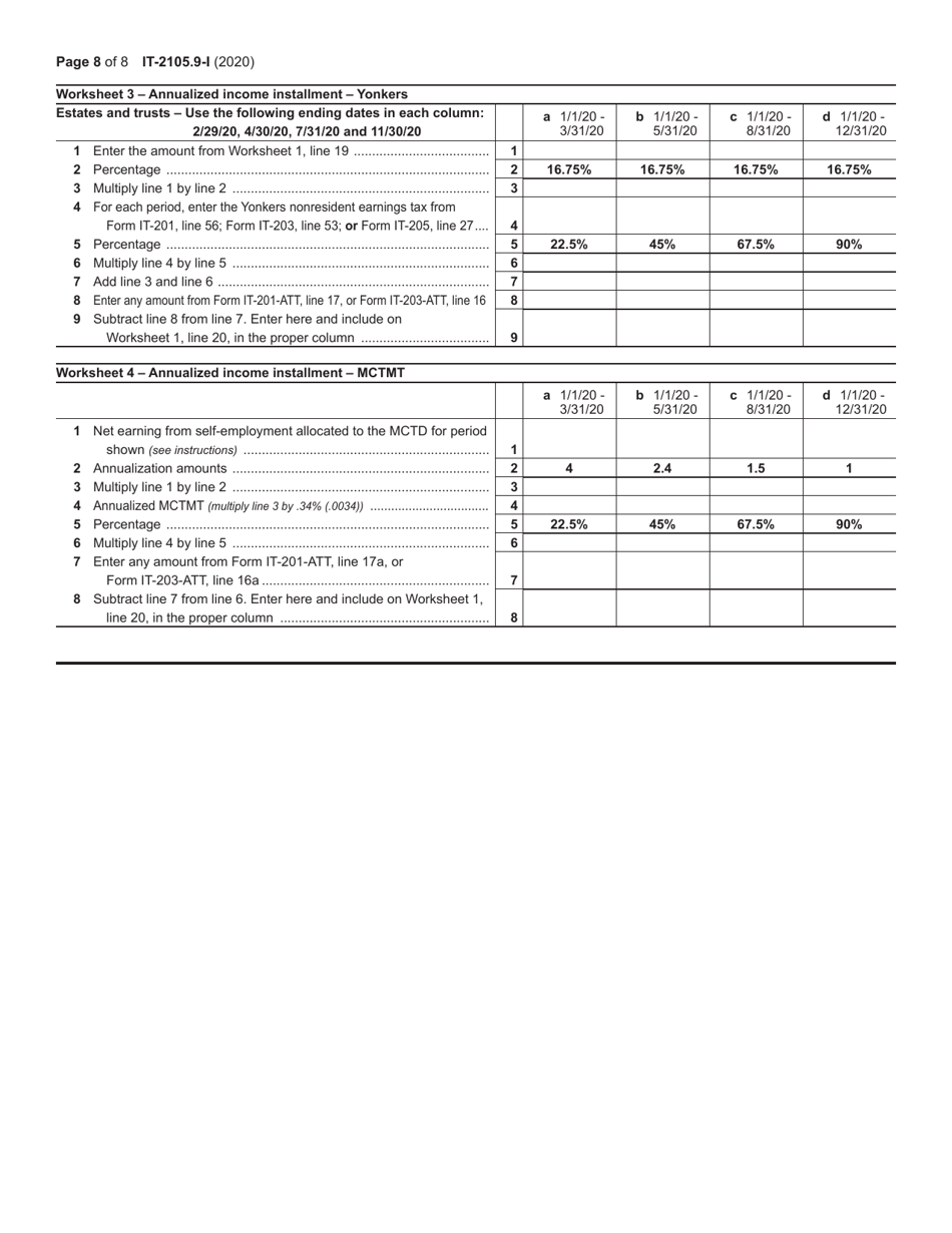 Instructions for Form IT-2105.9 Underpayment of Estimated Tax by Individuals and Fiduciaries - New York, Page 8