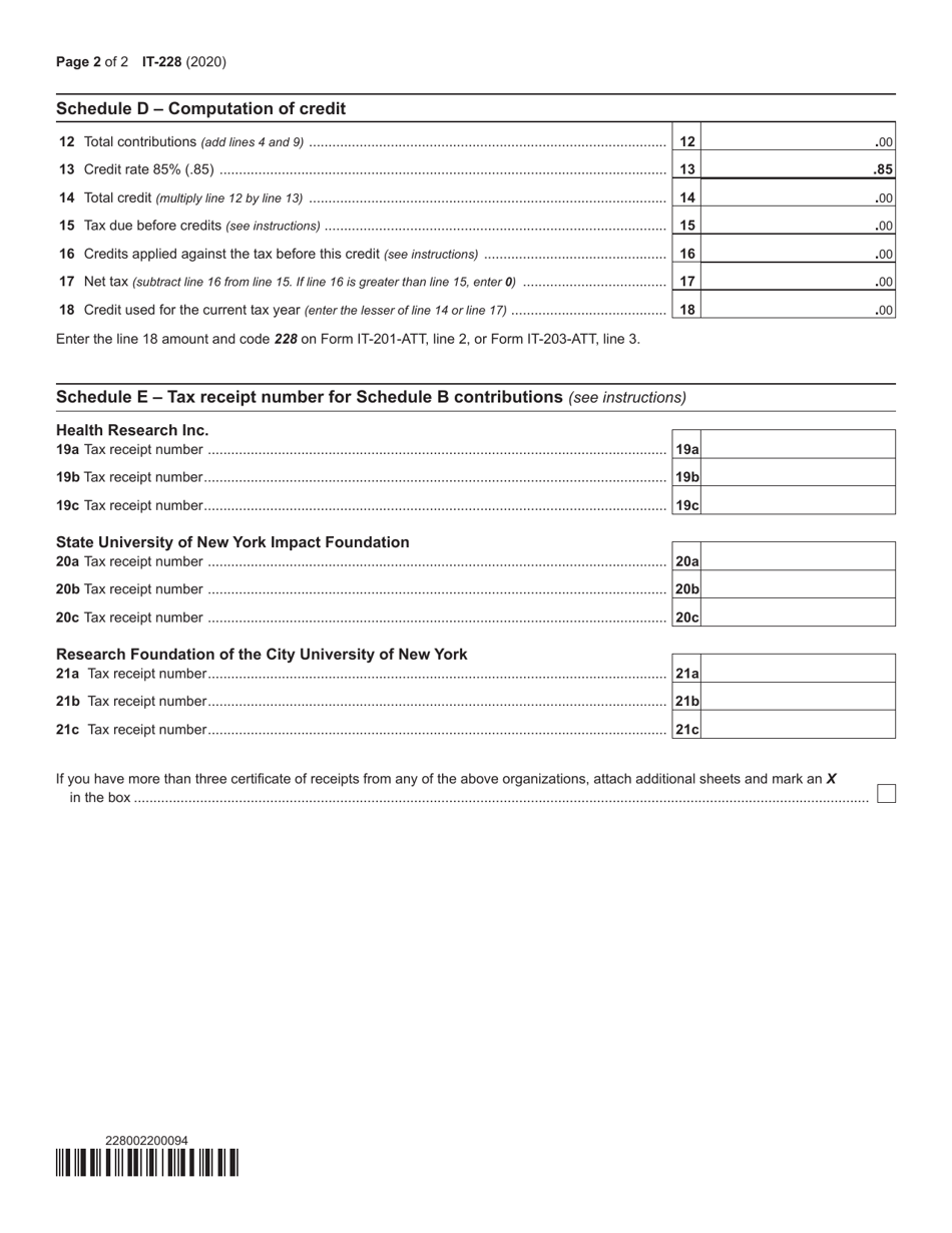 Form IT-228 Contributions to Certain Funds Credit - New York, Page 2