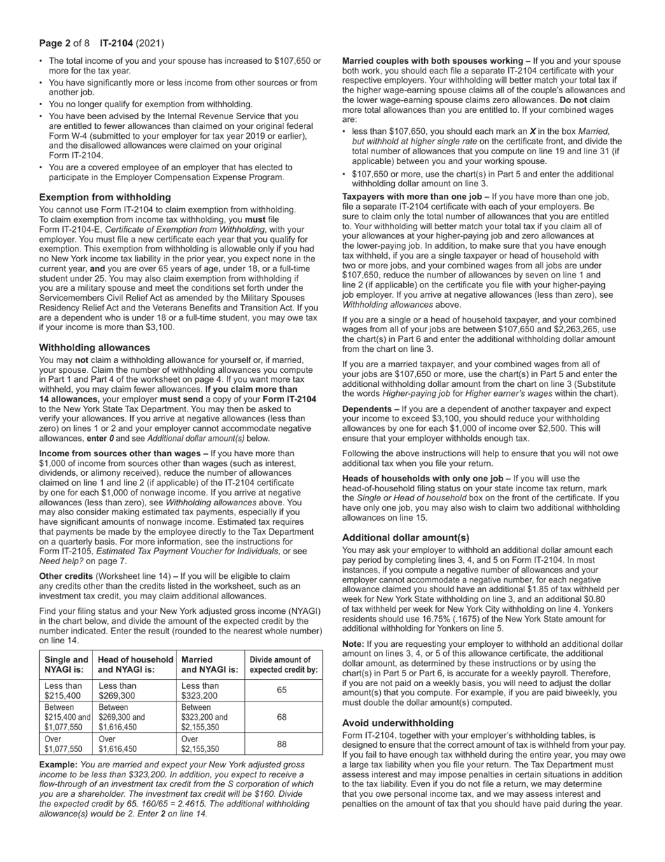 Form IT-2104 Employees Withholding Allowance Certificate - New York, Page 2