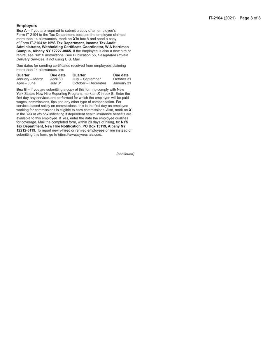Form IT-2104 Employees Withholding Allowance Certificate - New York, Page 3