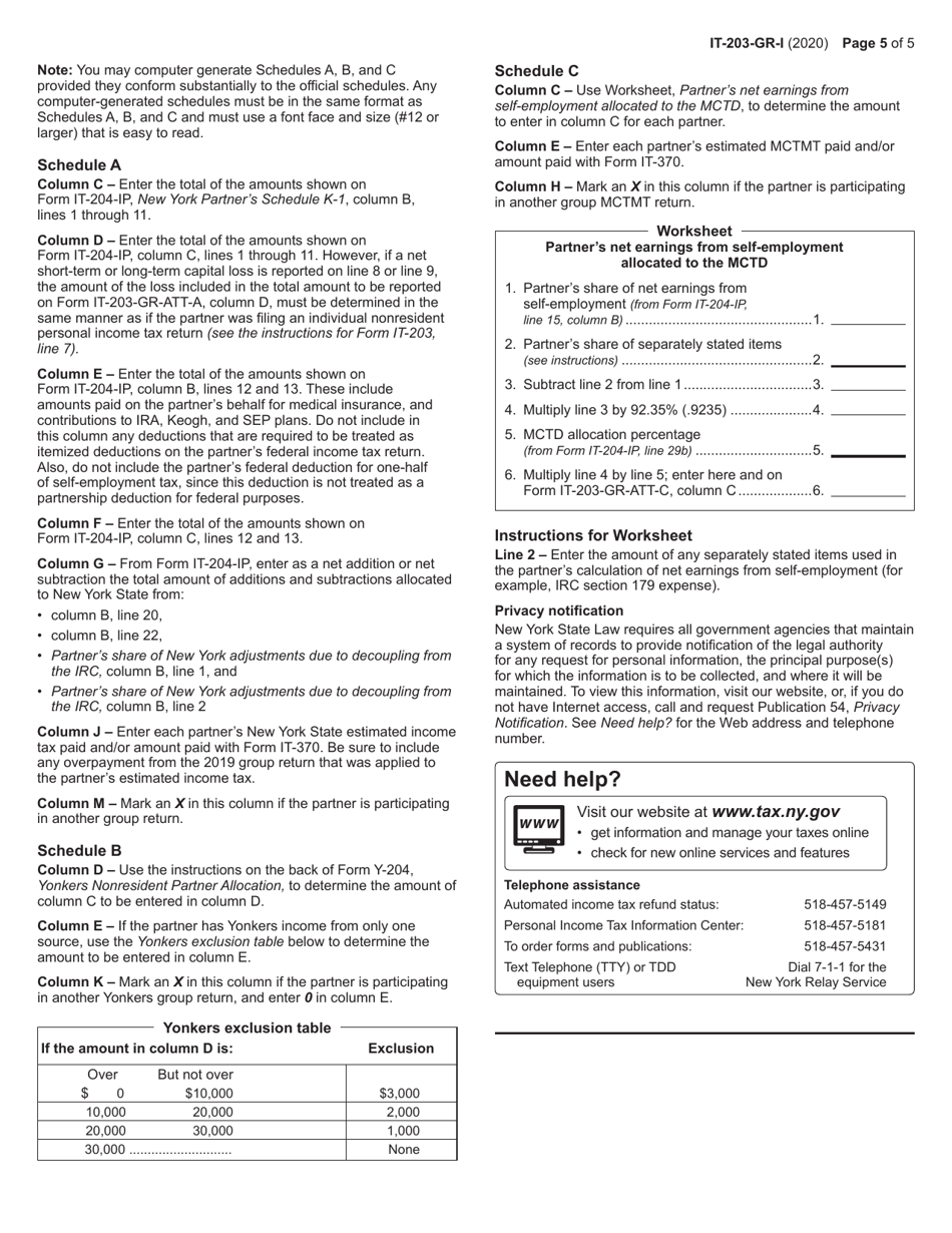 Instructions for Form IT-203-GR Group Return for Nonresident Partners - New York, Page 5