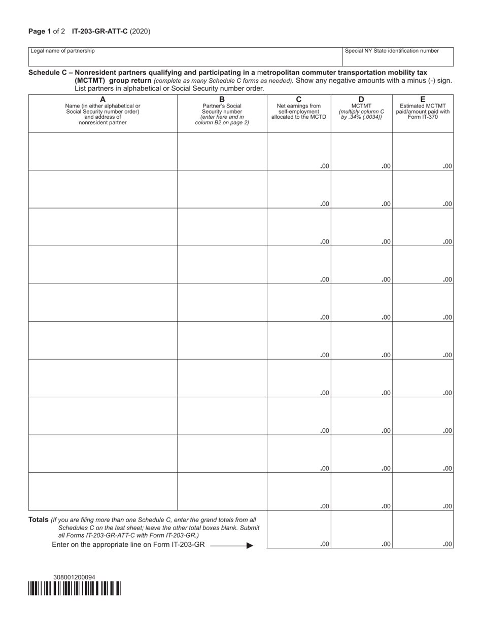 Form IT-203-GR-ATT-C Schedule C Nonresident Partners Qualifying and Participating in a Metropolitan Commuter Transportation Mobility Tax (Mctmt) Group Return - New York, Page 1