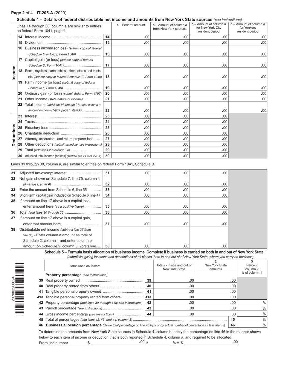 Form IT-205-A Fiduciary Allocation - New York, Page 2